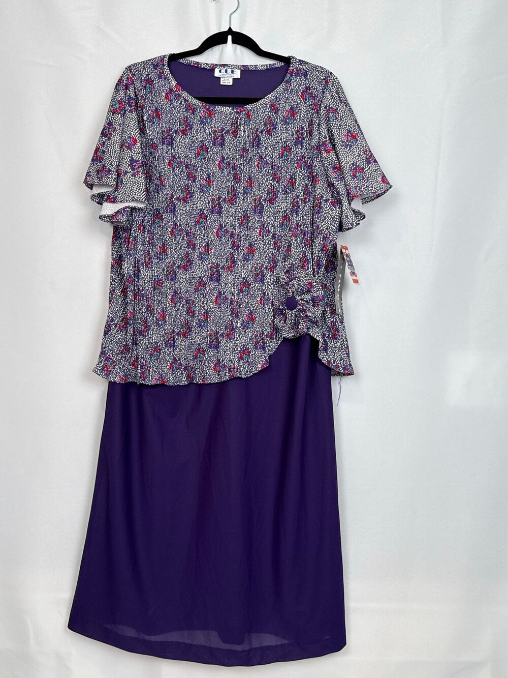 Vintage Cue Fashions NWT Dress Sz 16W Floral Print Rosette Detail USA Made